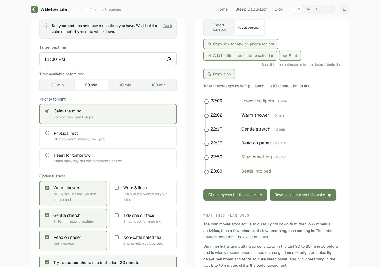 Evening routine builder showing a timed wind-down plan toward a 23:00 bedtime with 60 available minutes