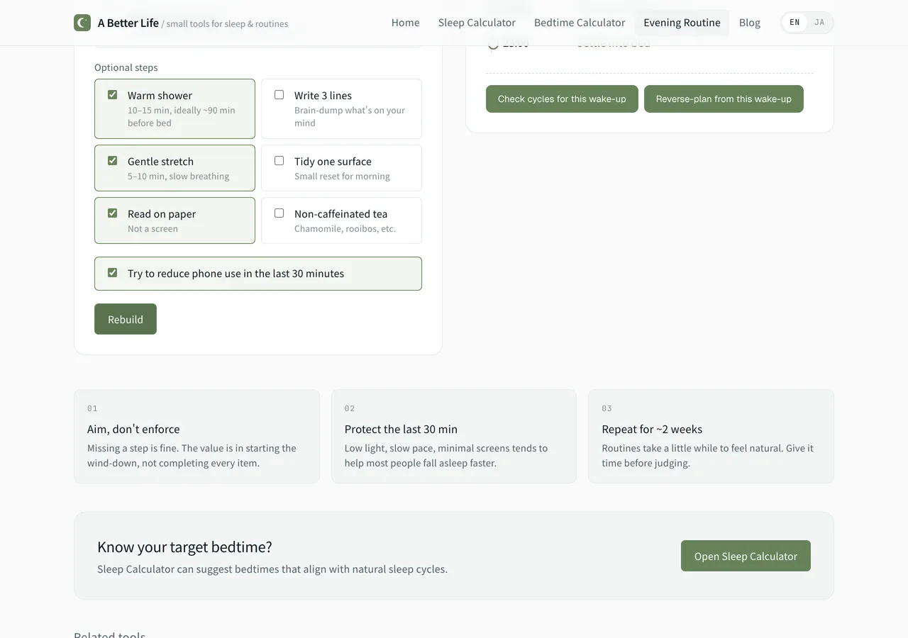 Evening Routine Builder generating a time-based plan with step-by-step timings.