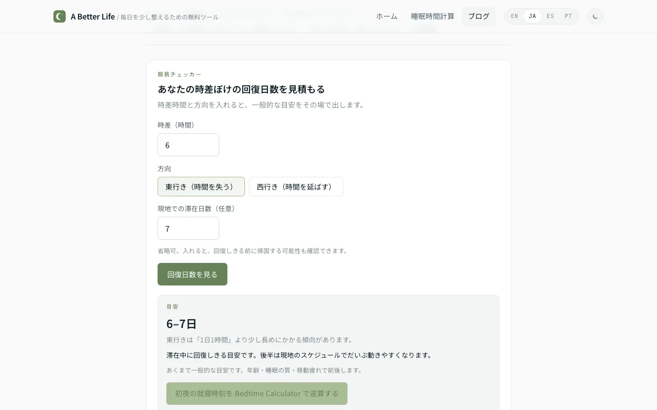 記事内の時差ぼけ簡易チェッカーの画面（日本語UI）。時差6時間・東行き・滞在7日を入れた結果、回復の目安として6〜7日が表示されている