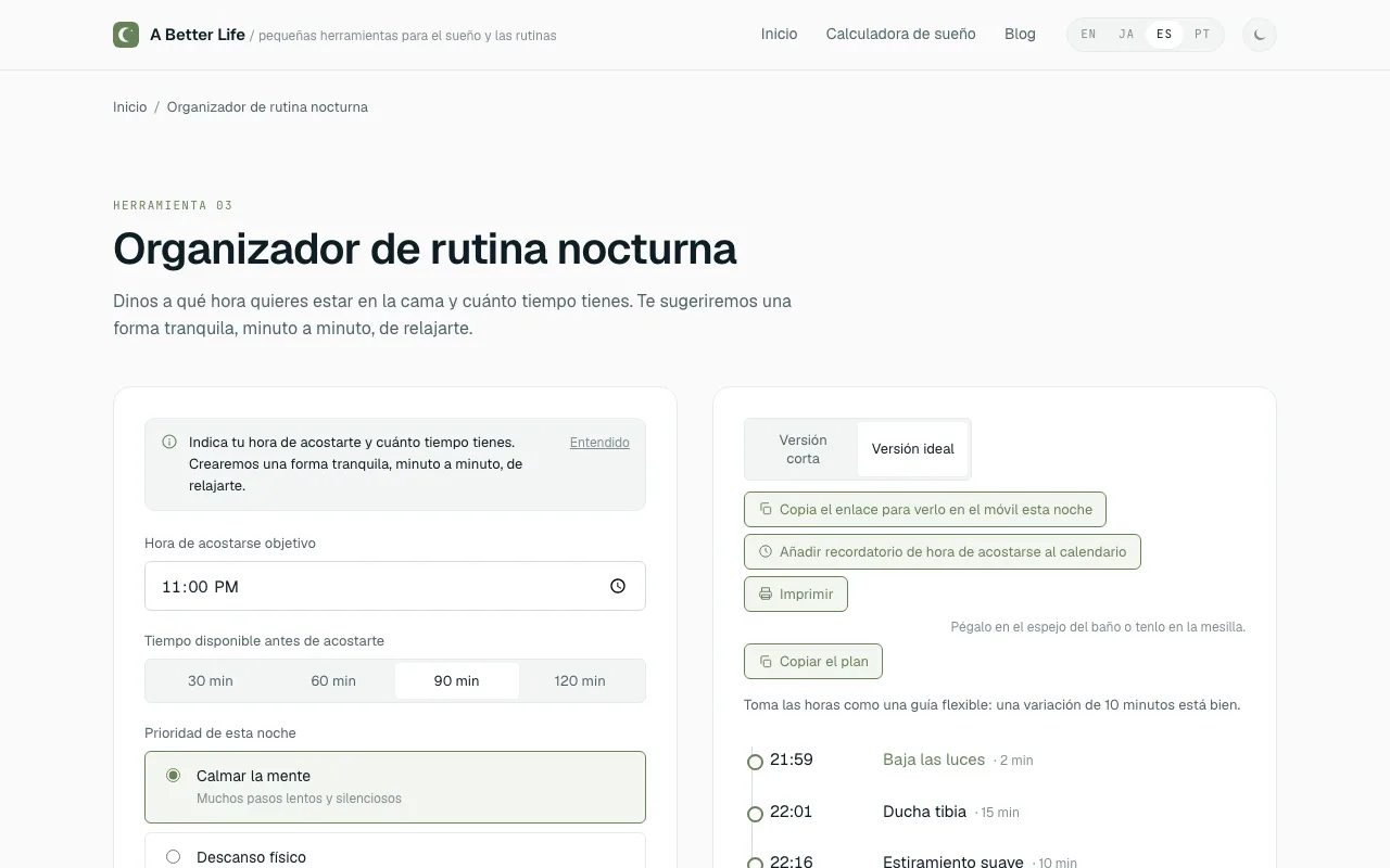 Pantalla del Organizador de rutina nocturna en español, con la preparación de la noche anterior que sostiene las mañanas SAVERS: un plan minuto a minuto hasta las 23:00