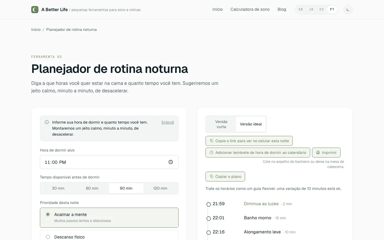 Tela do Planejador de rotina noturna em português, com a preparação da noite anterior que sustenta as manhãs SAVERS: um plano minuto a minuto até as 23:00
