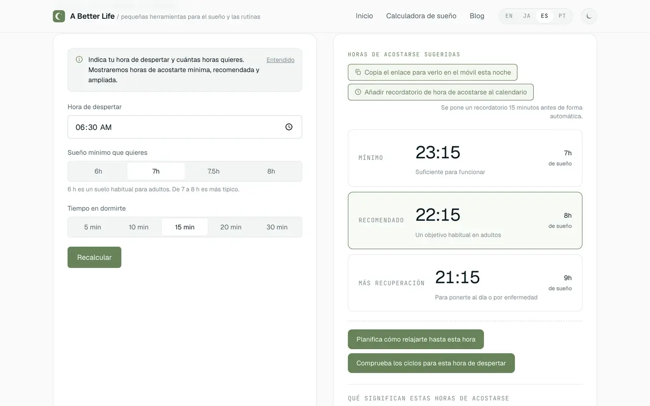 La Calculadora de hora de acostarse en español mostrando las horas mínima, recomendada y ampliada calculadas hacia atrás desde una hora de despertar.