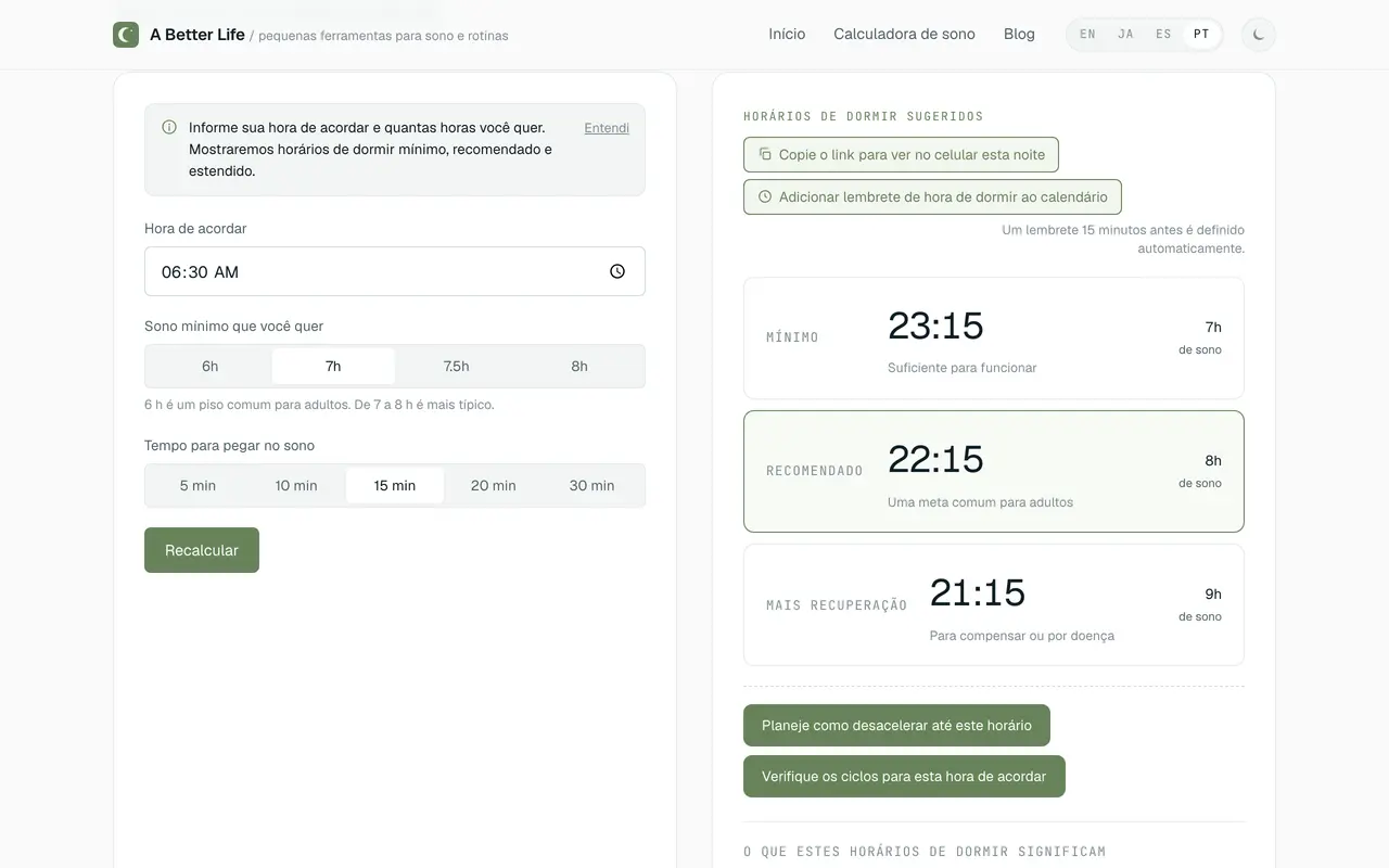 A Calculadora de hora de dormir em português mostrando os horários mínimo, recomendado e estendido calculados de trás para frente a partir de uma hora de acordar.