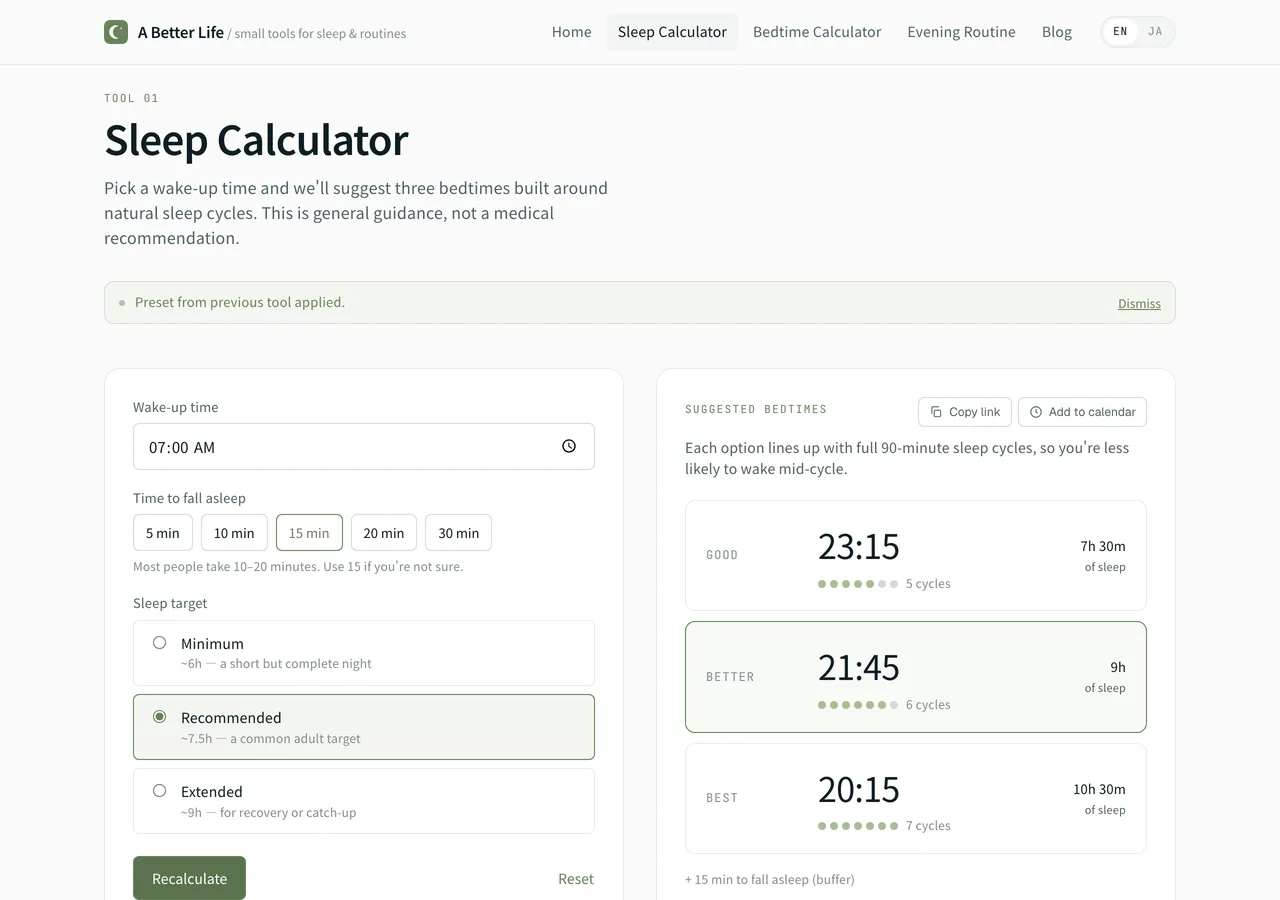 Sleep Calculator results view showing three bedtime options aligned to 90-minute cycles.