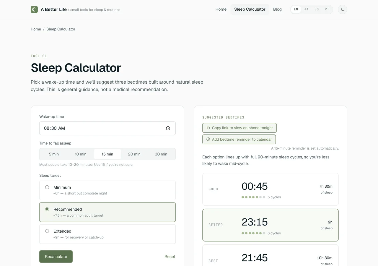 A screenshot of the English Sleep Calculator interface, showing three suggested bedtimes based on a wake time and a fall-asleep buffer.