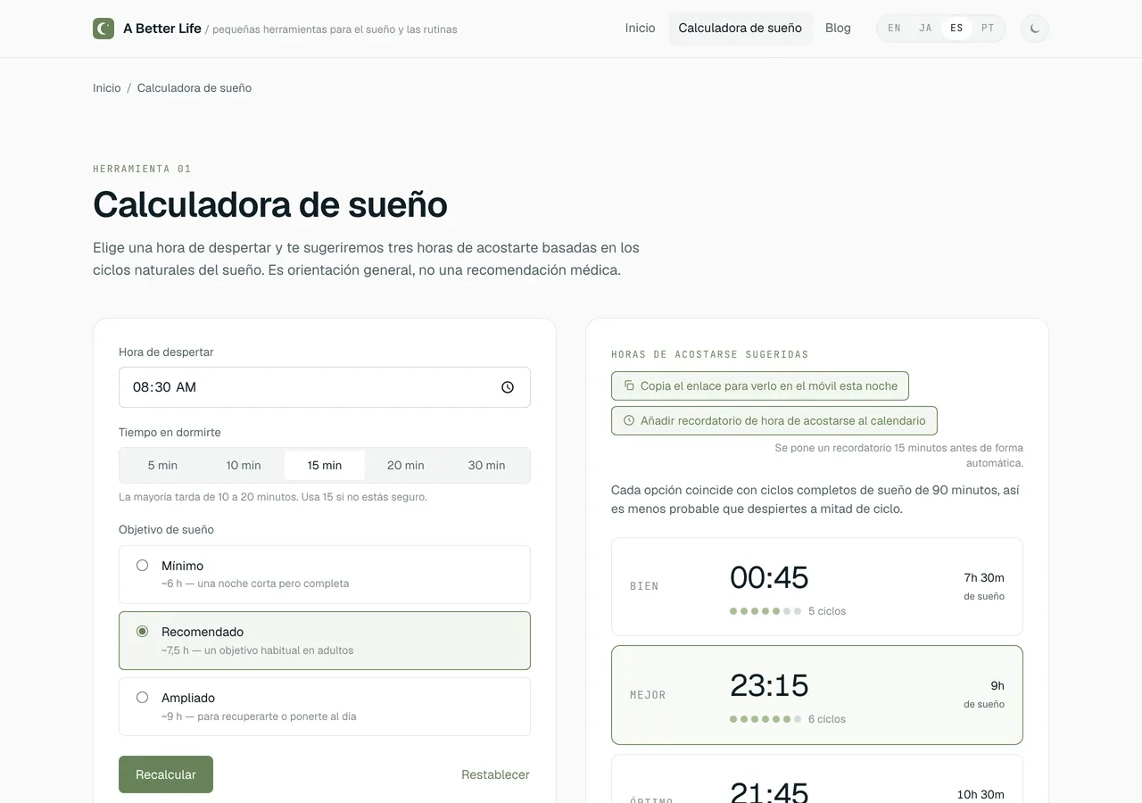 Captura de la interfaz en español de la Calculadora de sueño, con tres horas de acostarse sugeridas según una hora de despertar y un margen para conciliar el sueño.