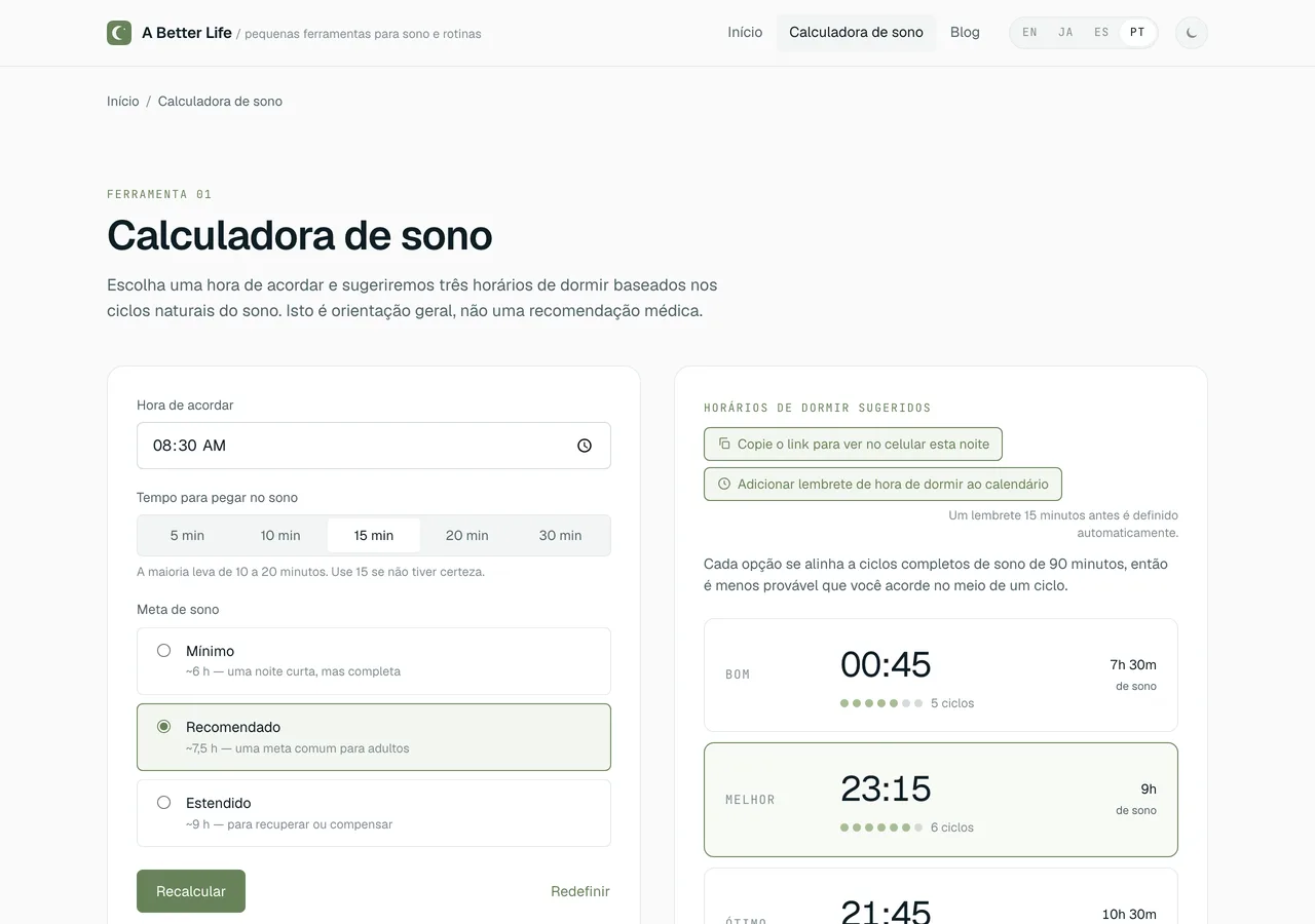 Captura da interface em português da Calculadora de sono, com três horários de dormir sugeridos com base em um horário de acordar e em uma margem para pegar no sono.