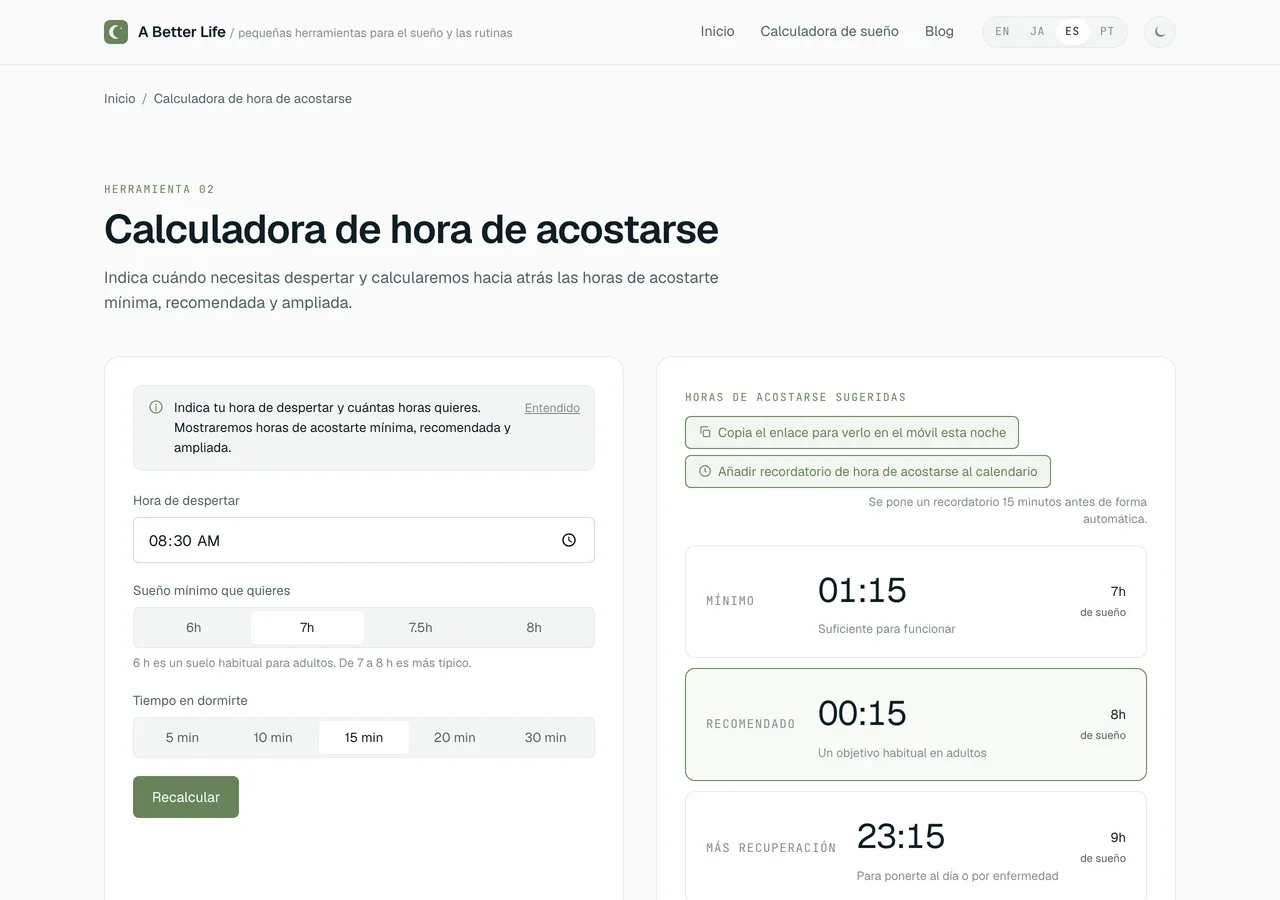 La Calculadora de hora de acostarse muestra tres horas de acostarse sugeridas (mínima, recomendada y cómoda) calculadas a partir de una hora de despertar.