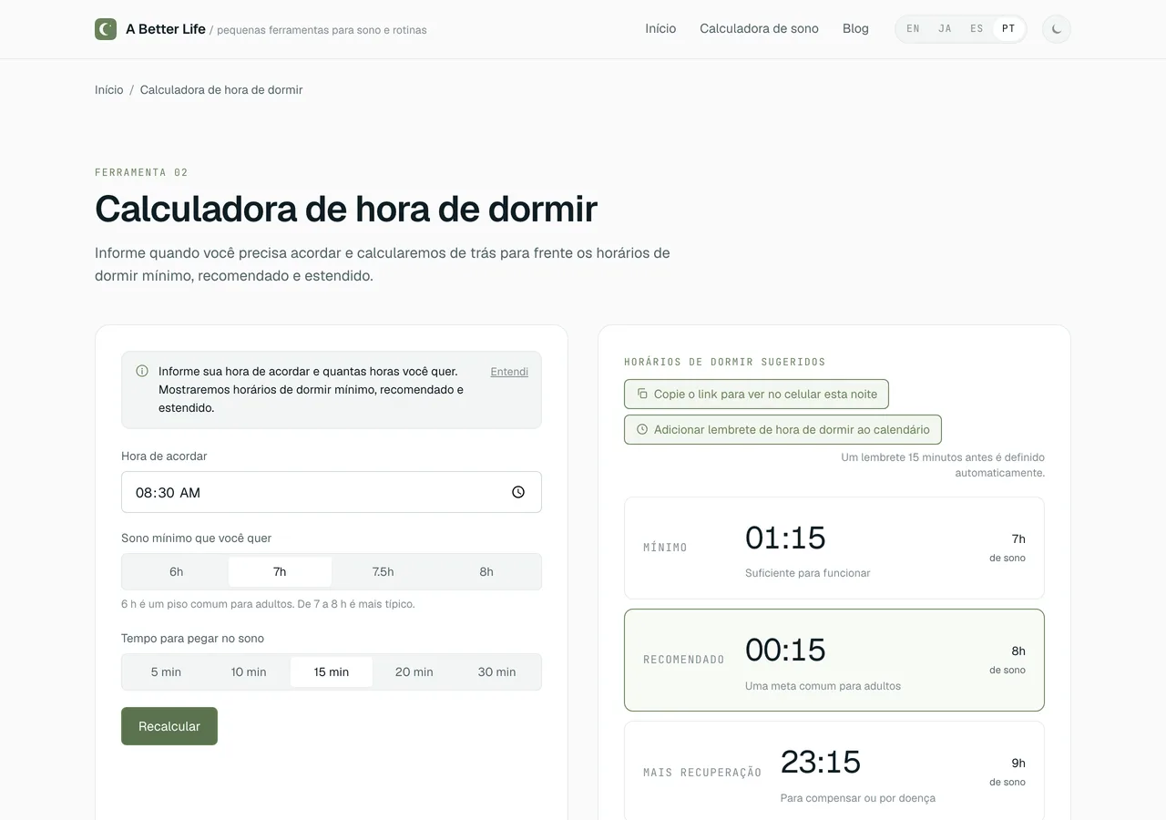 A Calculadora de hora de dormir mostrando três horários de dormir sugeridos (mínimo, recomendado e confortável) calculados a partir de um horário de acordar.