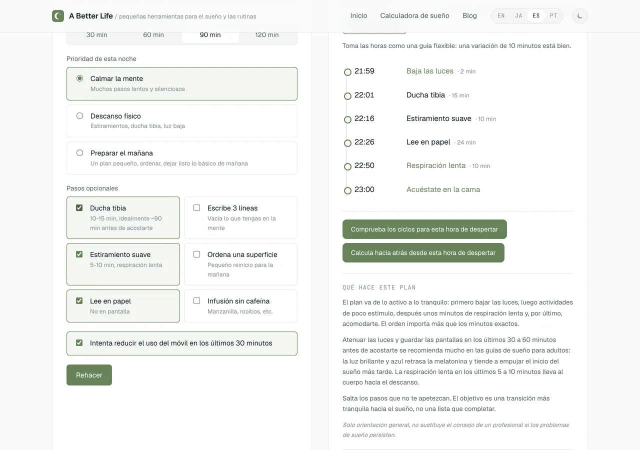 La pantalla de resultados del Organizador de rutina nocturna con un plan con horarios hasta las 23:00, que incluye un paso de ducha tibia a las 22:01