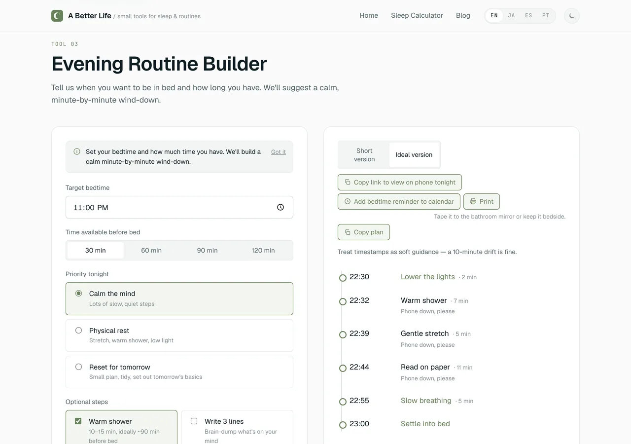 Evening Routine Builder, shown in its English interface, generating a 30-minute wind-down plan with step timings.