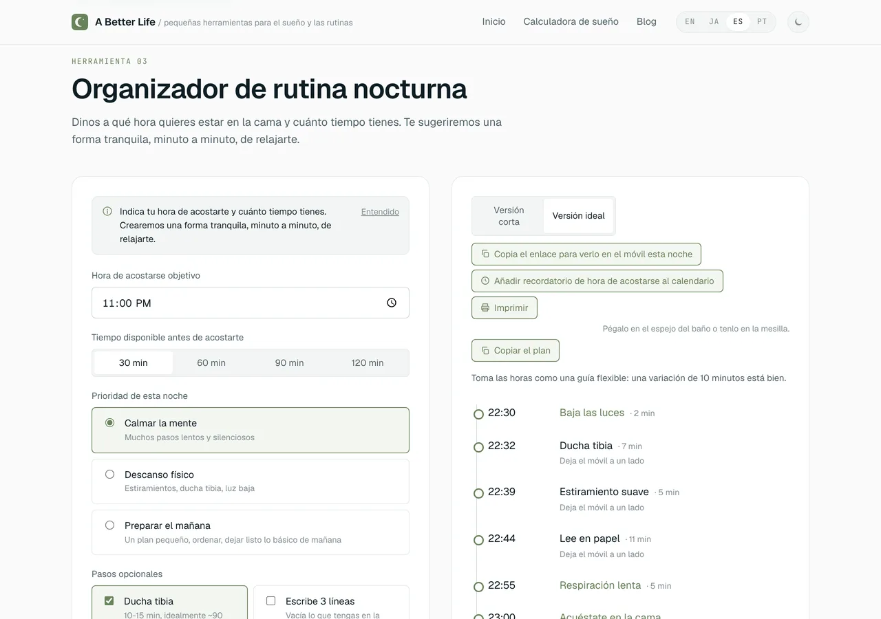 El Organizador de rutina nocturna, en su versión en español, generando un plan de relajación de 30 minutos con los tiempos de cada paso.