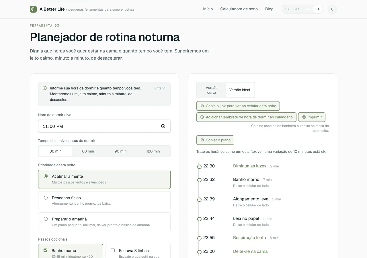 O Planejador de rotina noturna, na sua versão em português, gerando um plano de relaxamento de 30 minutos com os tempos de cada passo.